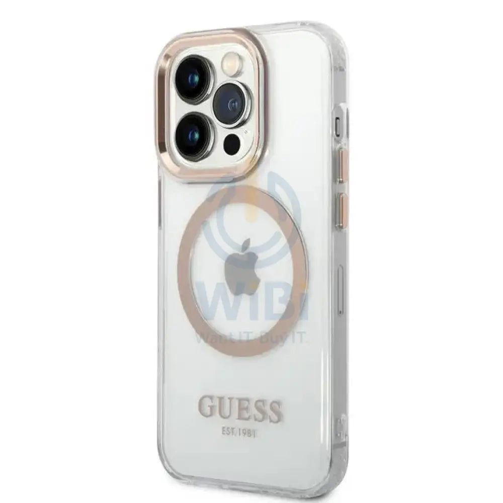 Guess Apple iPhone 14 Pro Magsafe Compatible Translucent Gold Outline & Logo - Transparent Accessories > Mobiles &