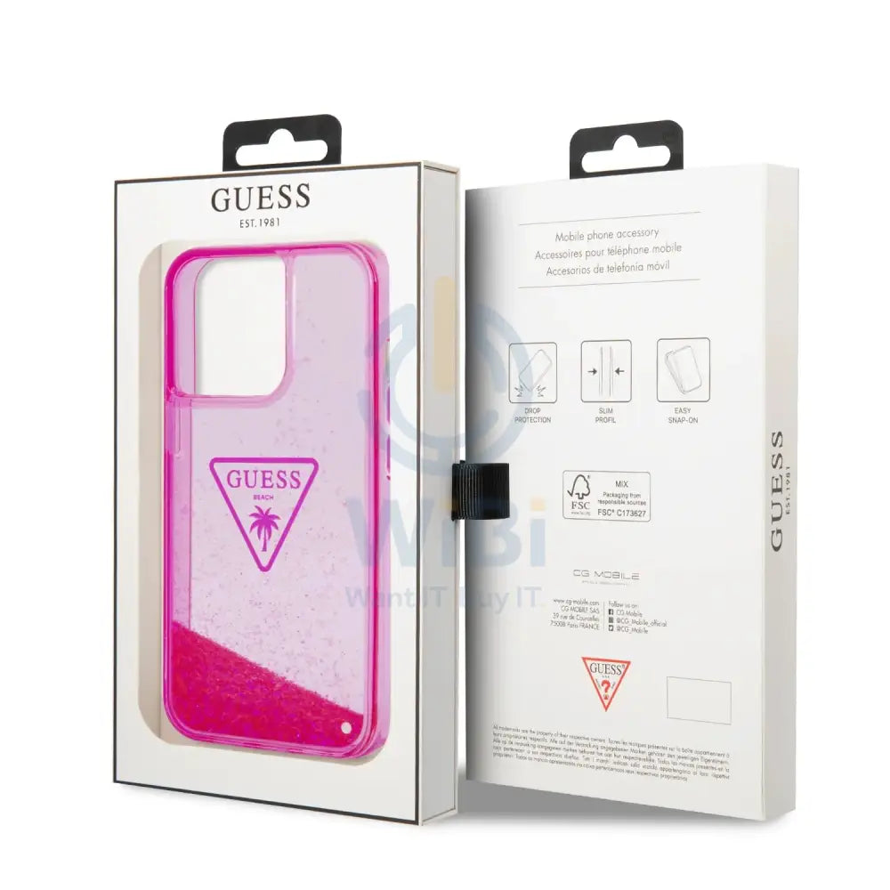 Guess Apple iPhone 14 Pro Max Liquid Glitter Case With Translucent Triangle Logo - Pink Accessories > Mobiles & Tablets