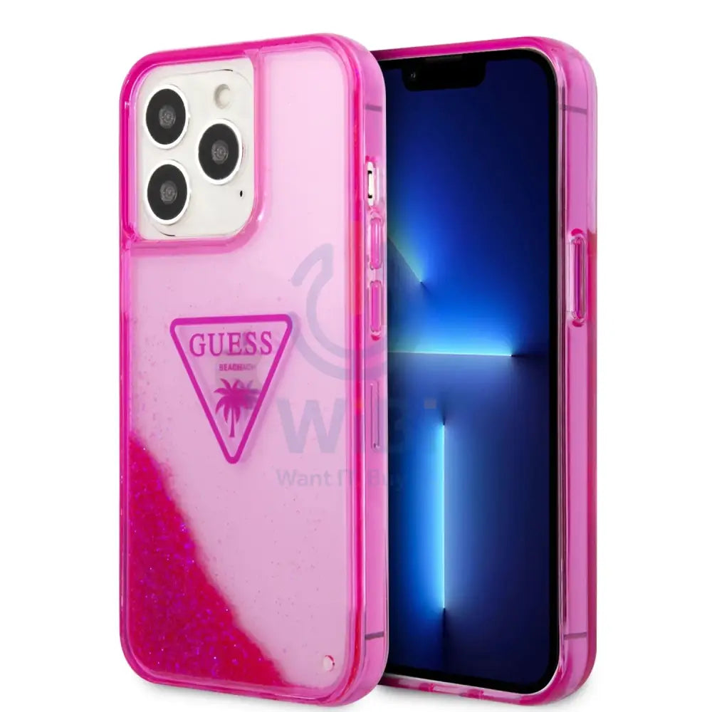 Guess Apple iPhone 14 Pro Max Liquid Glitter Case With Translucent Triangle Logo - Pink Accessories > Mobiles & Tablets