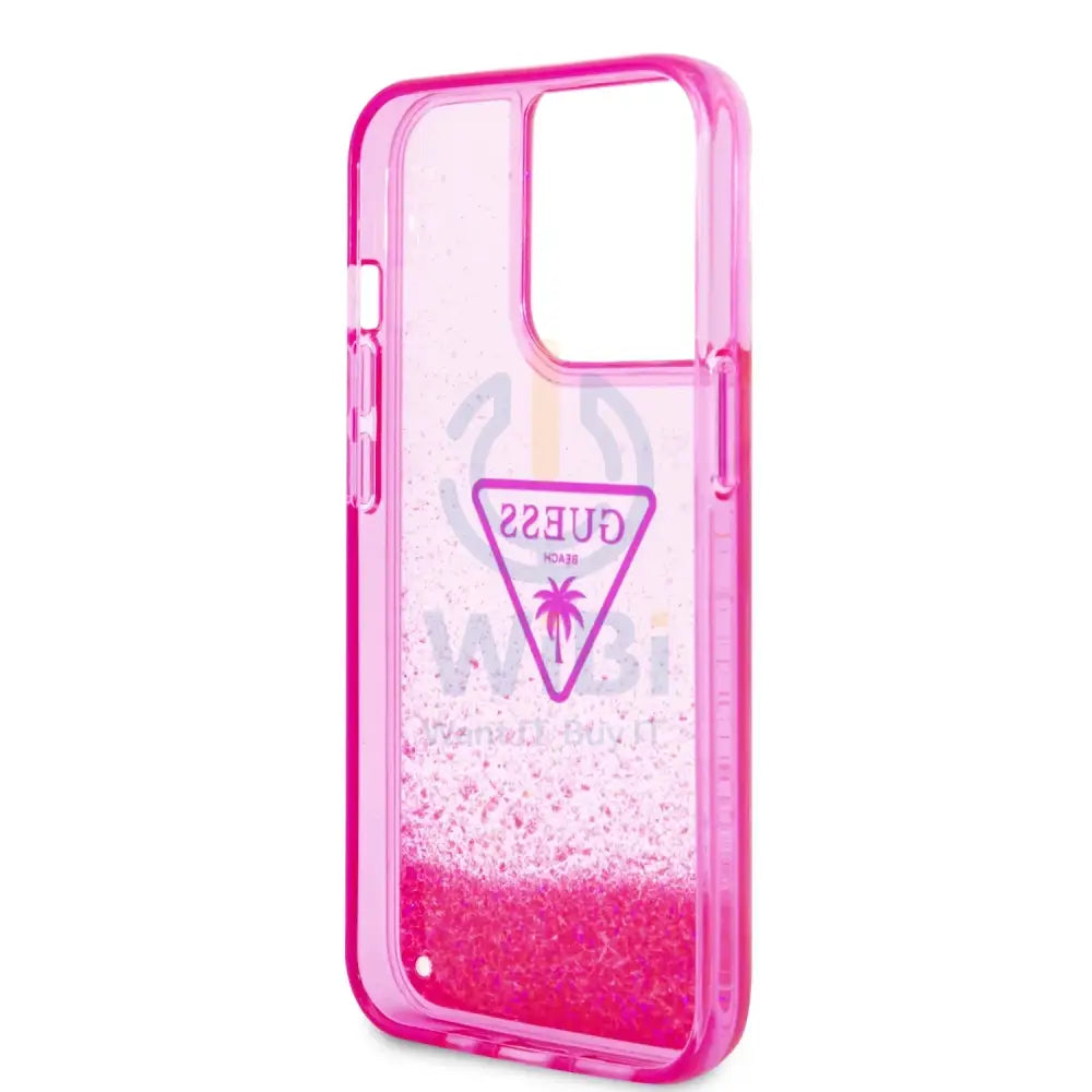 Guess Apple iPhone 14 Pro Max Liquid Glitter Case With Translucent Triangle Logo - Pink Accessories > Mobiles & Tablets