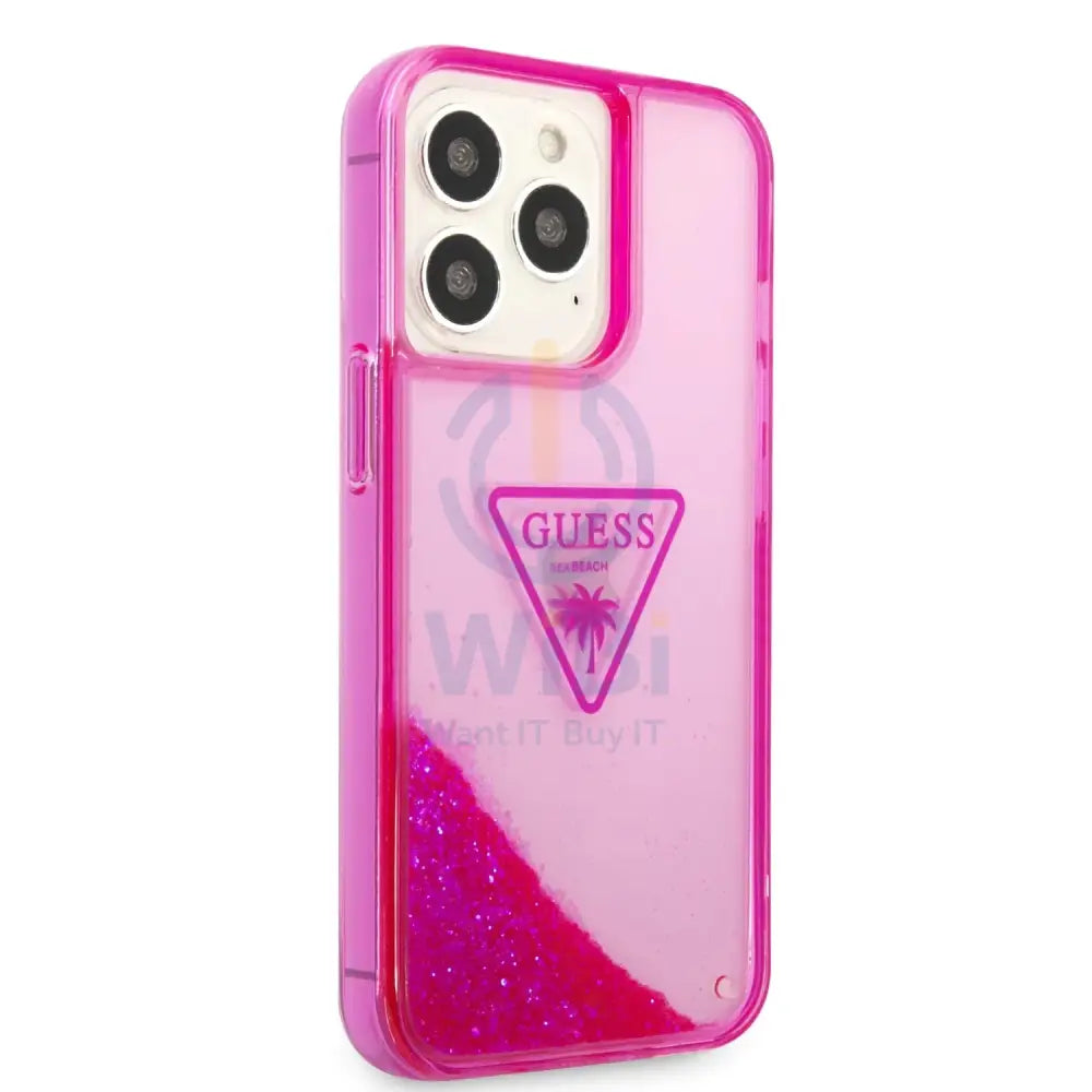 Guess Apple iPhone 14 Pro Max Liquid Glitter Case With Translucent Triangle Logo - Pink Accessories > Mobiles & Tablets