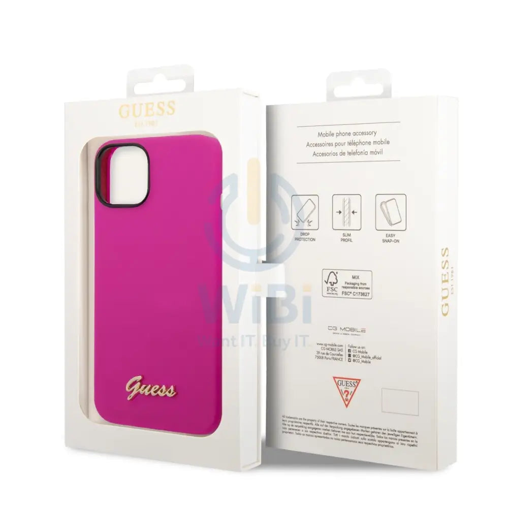 Guess Apple iPhone 14 Pro Max Liquid Silicone Case with PC Camera Outline & Script Metal Logo - Fuschia Accessories >