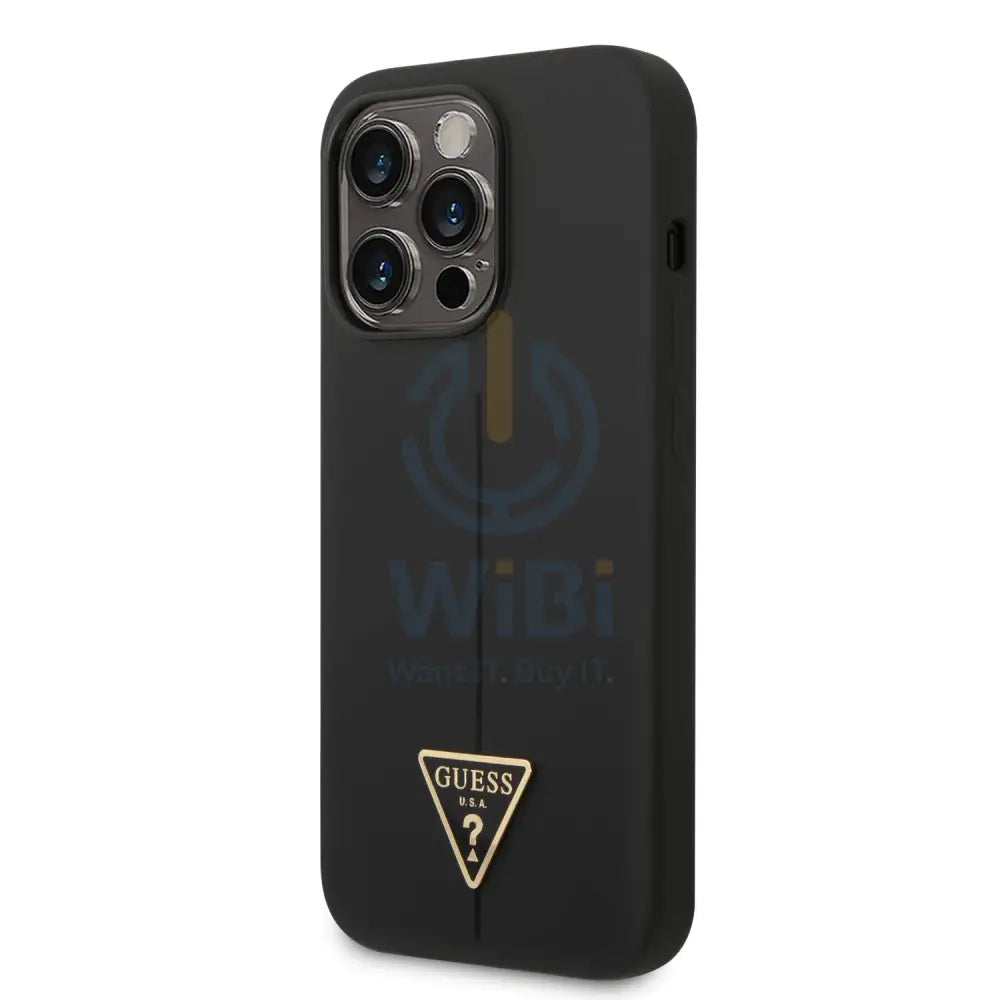 Guess Apple iPhone 14 Pro Max Liquid Silicone Case With Shiny Line & Metal Triangle Tone Logo - Black Accessories >
