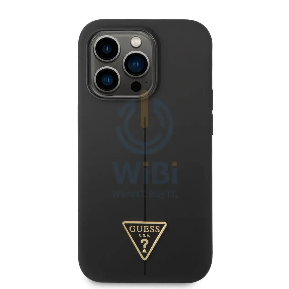 Guess Apple iPhone 14 Pro Max Liquid Silicone Case With Shiny Line & Metal Triangle Tone Logo - Black Accessories >