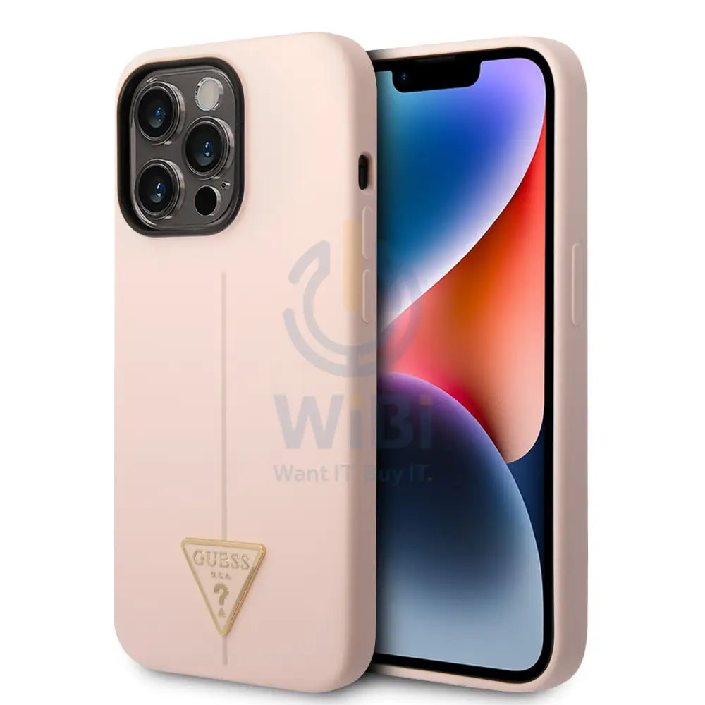 Guess Apple iPhone 14 Pro Max Liquid Silicone Case With Shiny Line & Metal Triangle Tone Logo - Pink Accessories >