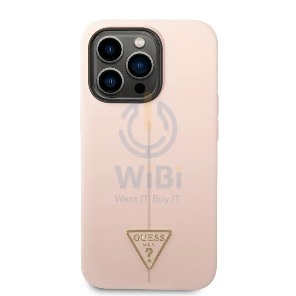 Guess Apple iPhone 14 Pro Max Liquid Silicone Case With Shiny Line & Metal Triangle Tone Logo - Pink Accessories >