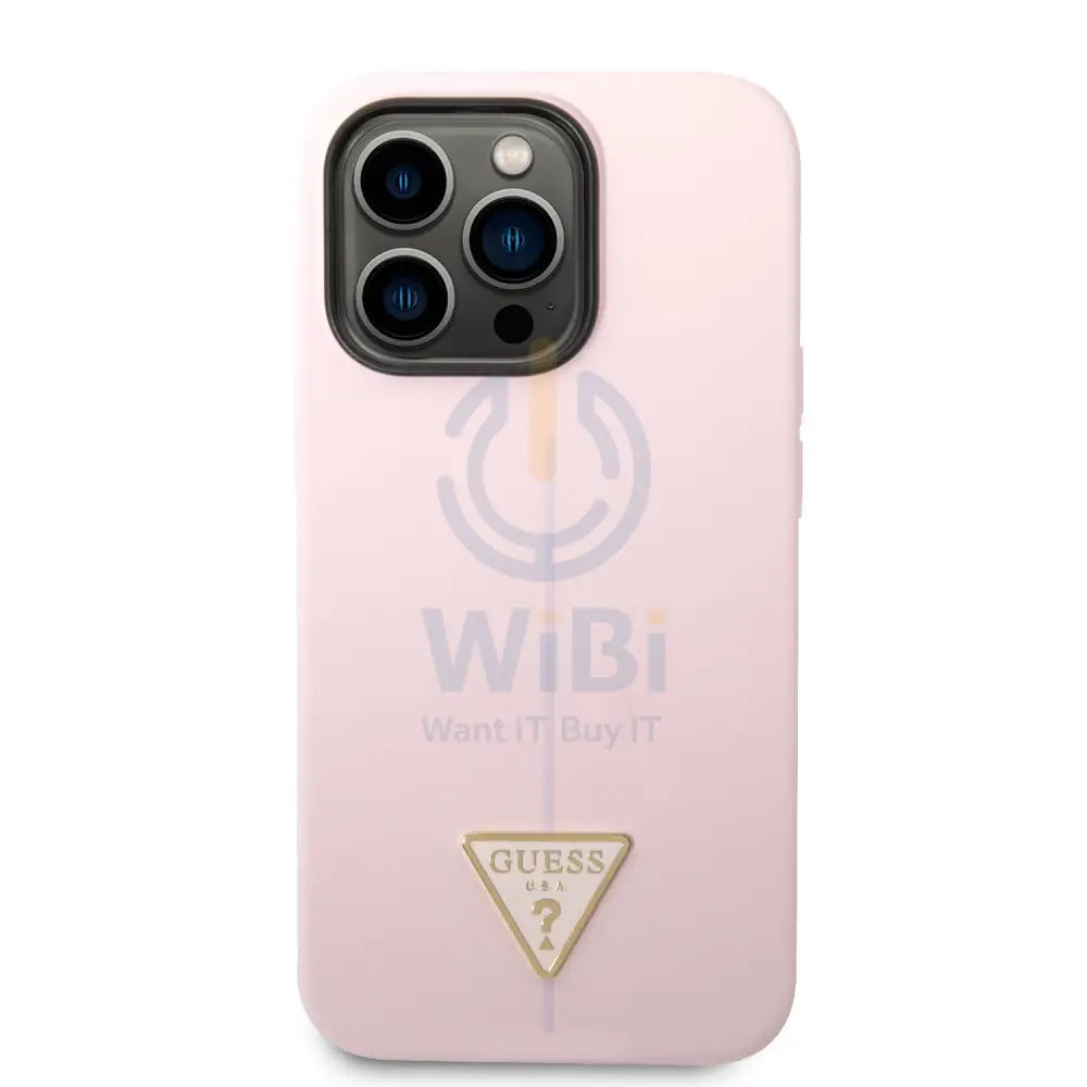 Guess Apple iPhone 14 Pro Max Liquid Silicone Case With Shiny Line & Metal Triangle Tone Logo -- Purple Accessories >