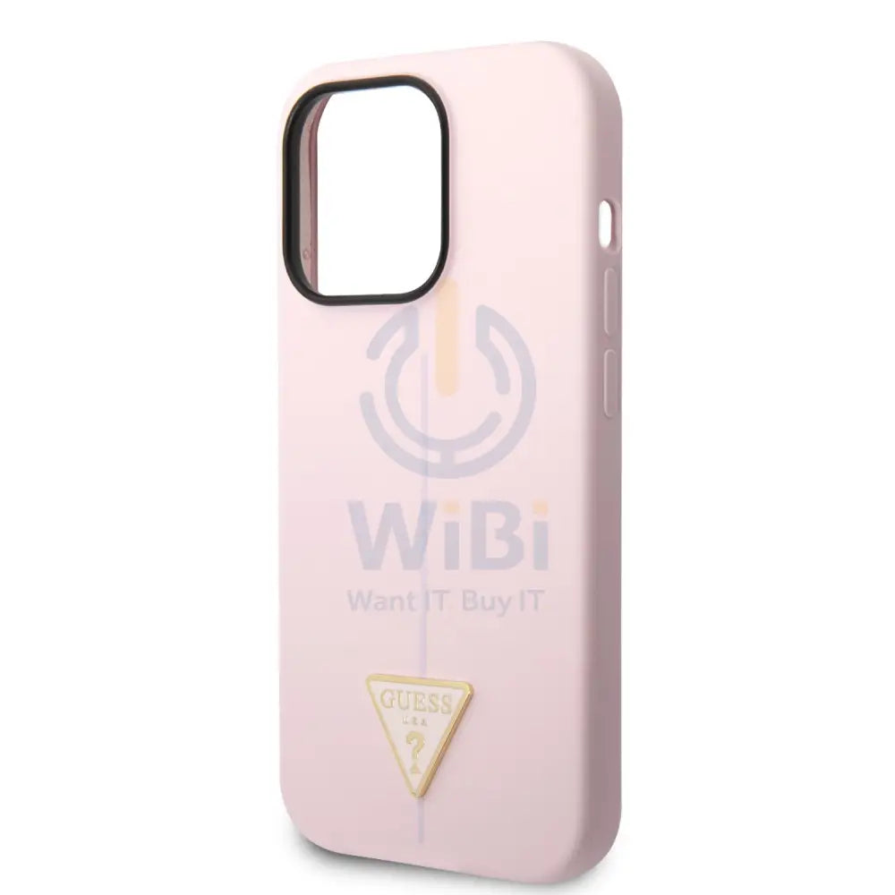 Guess Apple iPhone 14 Pro Max Liquid Silicone Case With Shiny Line & Metal Triangle Tone Logo -- Purple Accessories >