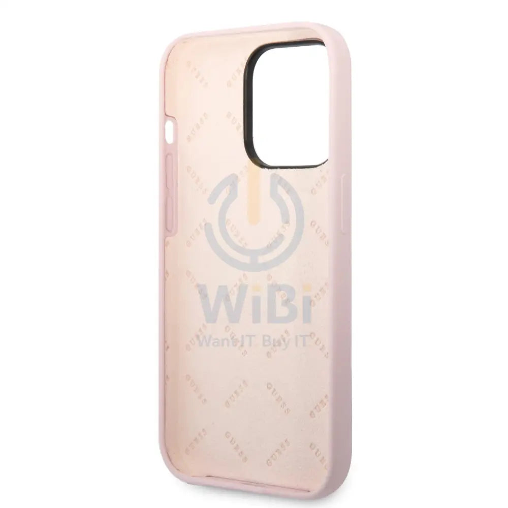 Guess Apple iPhone 14 Pro Max Liquid Silicone Case With Shiny Line & Metal Triangle Tone Logo -- Purple Accessories >