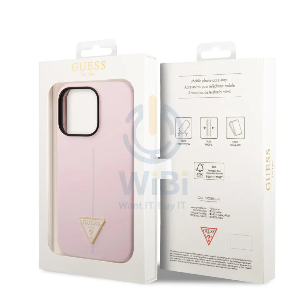 Guess Apple iPhone 14 Pro Max Liquid Silicone Case With Shiny Line & Metal Triangle Tone Logo -- Purple Accessories >