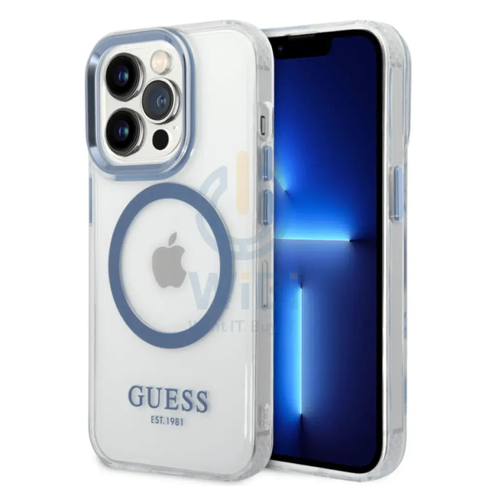 Guess Apple iPhone 14 Pro Max Magsafe Compatible Translucent Blue Outline & Logo - Blue Accessories > Mobiles & Tablets