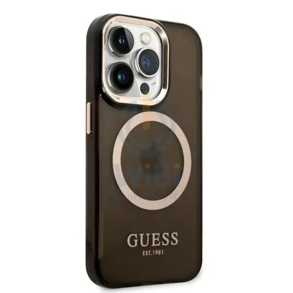 Guess Apple iPhone 14 Pro Max Magsafe Compatible Translucent Gold Outline & Logo - Black Accessories > Mobiles &
