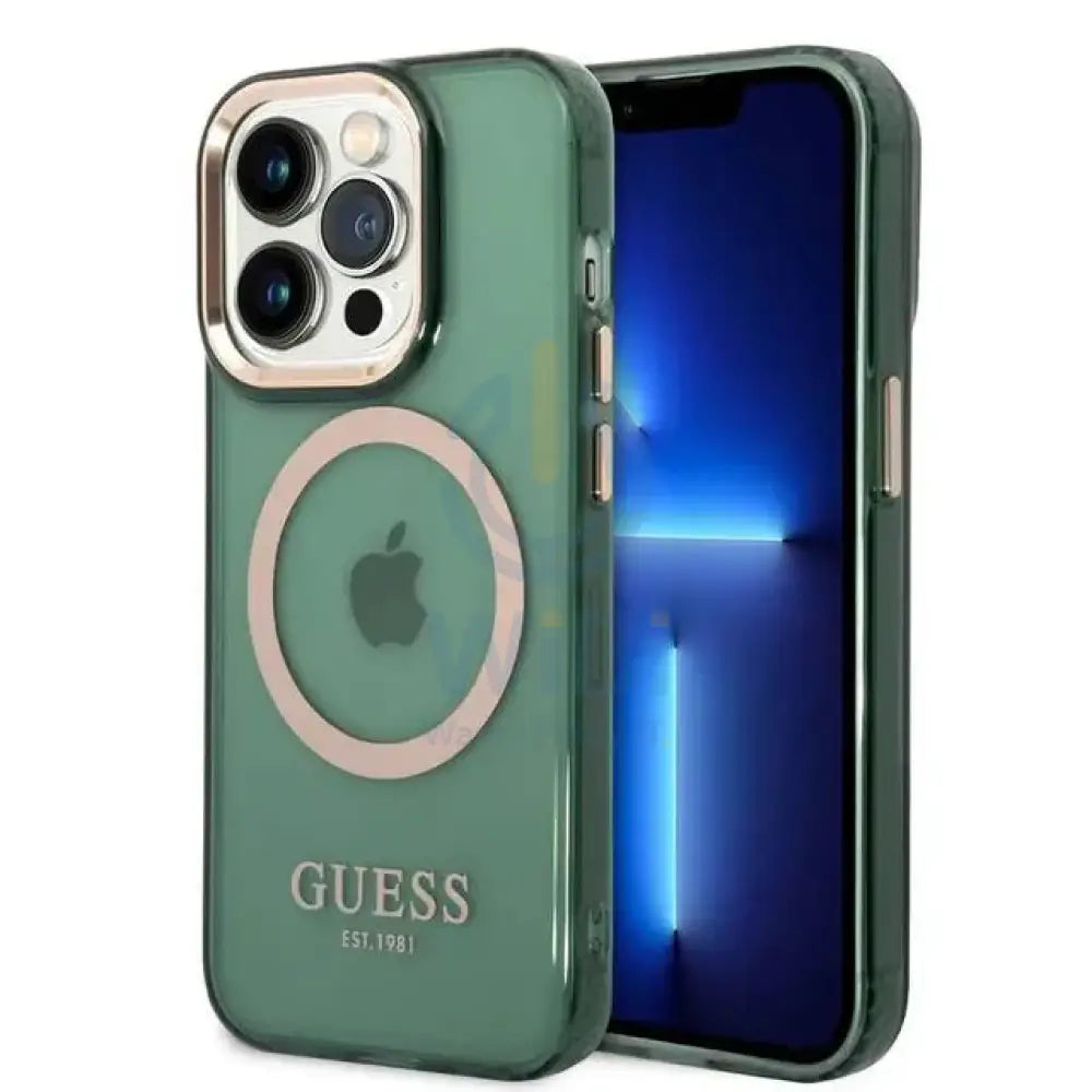 Guess Apple iPhone 14 Pro Max Magsafe Compatible Translucent Gold Outline & Logo - Green Accessories > Mobiles &