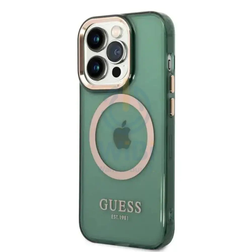 Guess Apple iPhone 14 Pro Max Magsafe Compatible Translucent Gold Outline & Logo - Green Accessories > Mobiles &