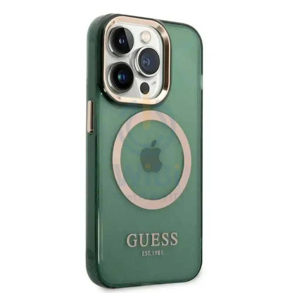 Guess Apple iPhone 14 Pro Max Magsafe Compatible Translucent Gold Outline & Logo - Green Accessories > Mobiles &