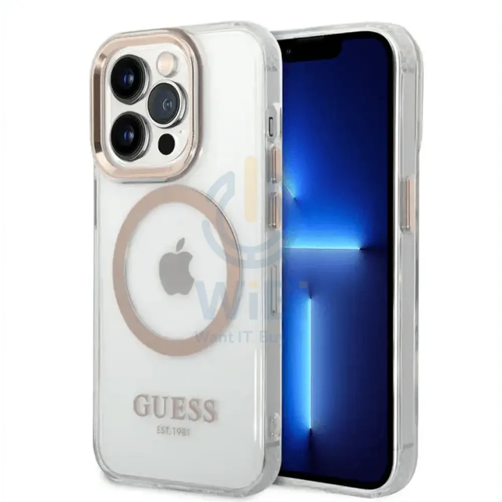 Guess Apple iPhone 14 Pro Max Magsafe Compatible Translucent Gold Outline & Logo - Transparent Accessories > Mobiles &