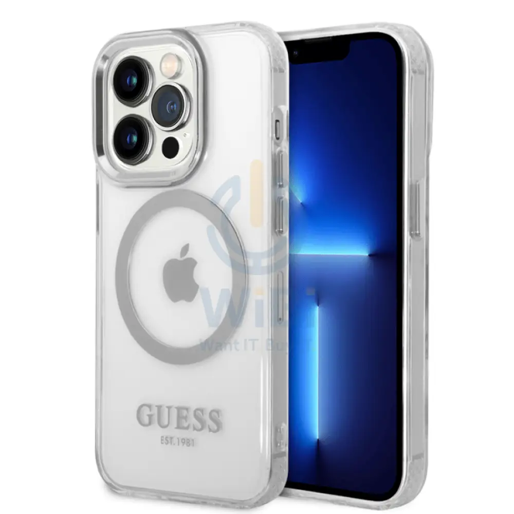 Guess Apple iPhone 14 Pro Max Magsafe Compatible Translucent Silver Outline & Logo - Silver Accessories > Mobiles &