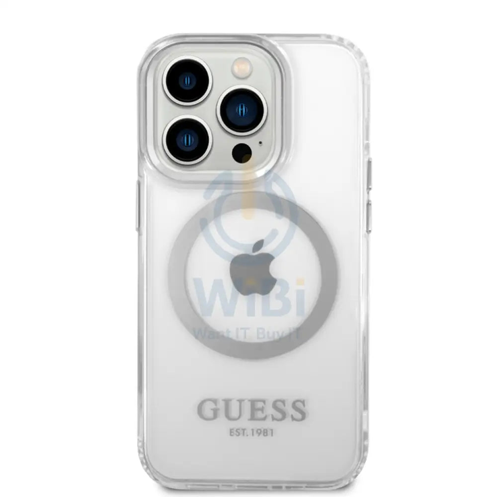 Guess Apple iPhone 14 Pro Max Magsafe Compatible Translucent Silver Outline & Logo - Silver Accessories > Mobiles &