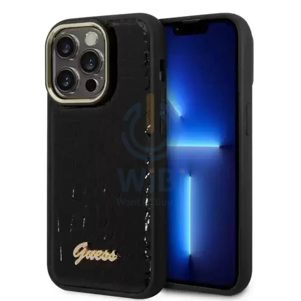 Guess Apple iPhone 14 Pro Max Pu Croco Case With Metal Camera Outline - Black Accessories > Mobiles & Tablets > Mobiles