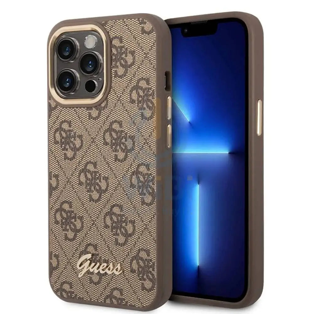 Guess Apple iPhone 14 Pro PC/TPU 4G PU Case With Metal Camera Outline & Buttons - Brown Accessories > Mobiles & Tablets