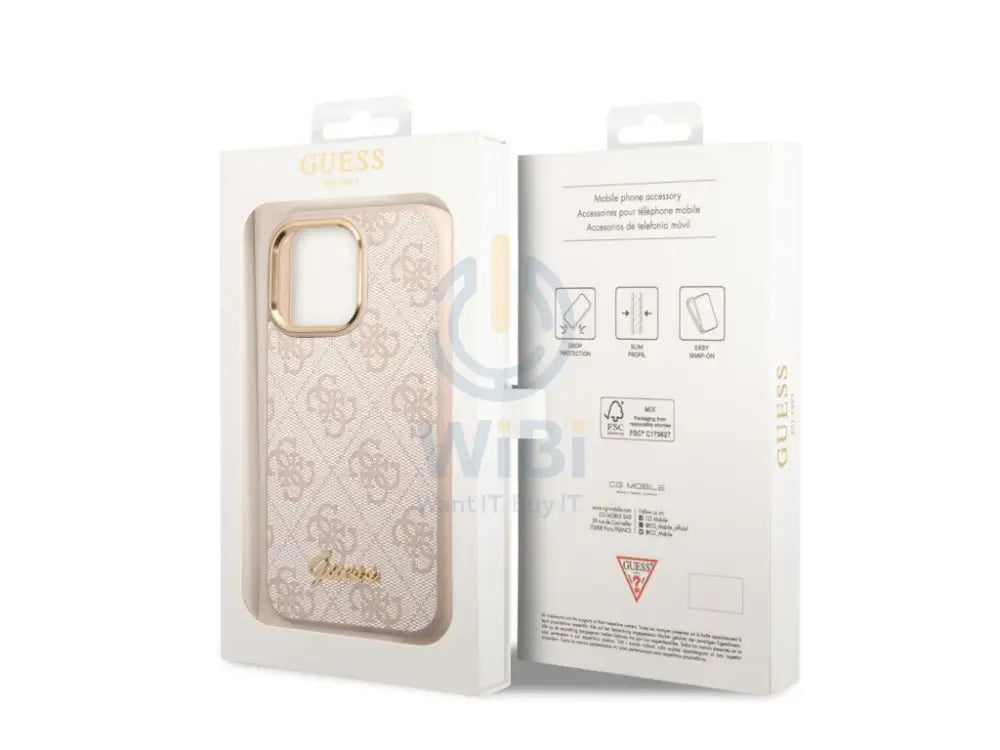 Guess Apple iPhone 14 Pro PC/TPU 4G PU Case With Metal Camera Outline & Buttons - Pink Accessories > Mobiles & Tablets