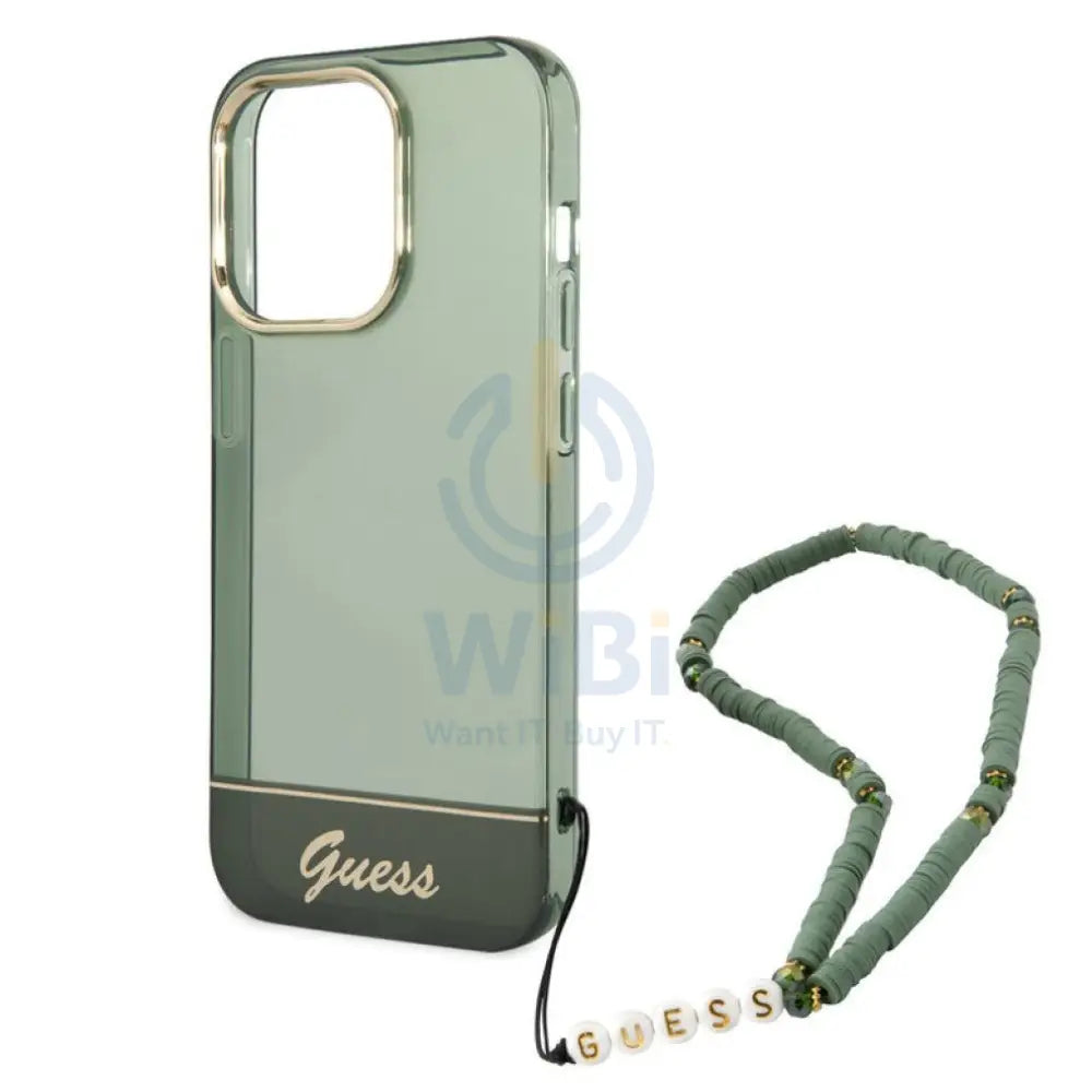 Guess Apple iPhone 14 Pro PC / TPU IML Case Double layer Electroplated Camera Outline Translucent with Strap - Green