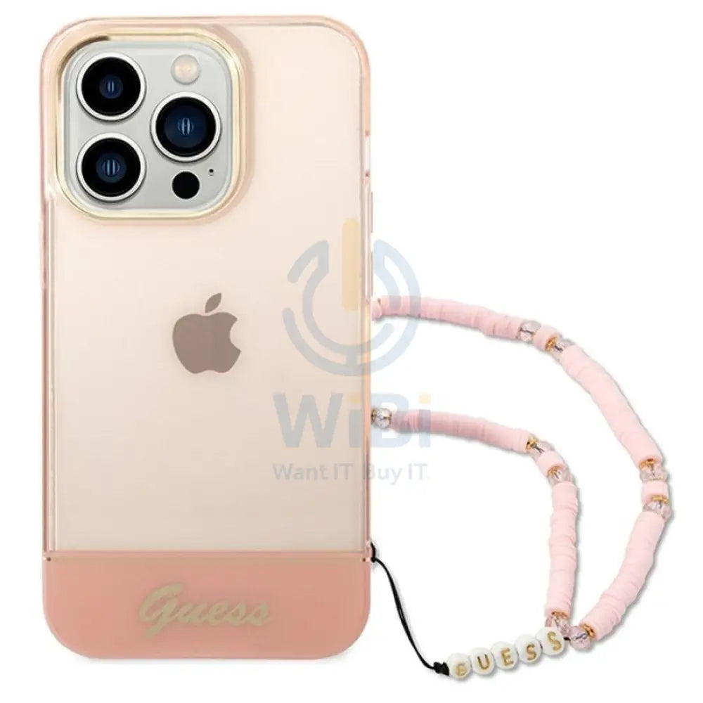 Guess Apple iPhone 14 Pro PC / TPU IML Case Double layer Electroplated Camera Outline Translucent with Strap - Pink