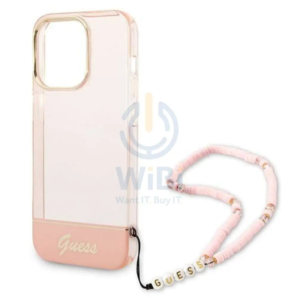 Guess Apple iPhone 14 Pro PC / TPU IML Case Double layer Electroplated Camera Outline Translucent with Strap - Pink