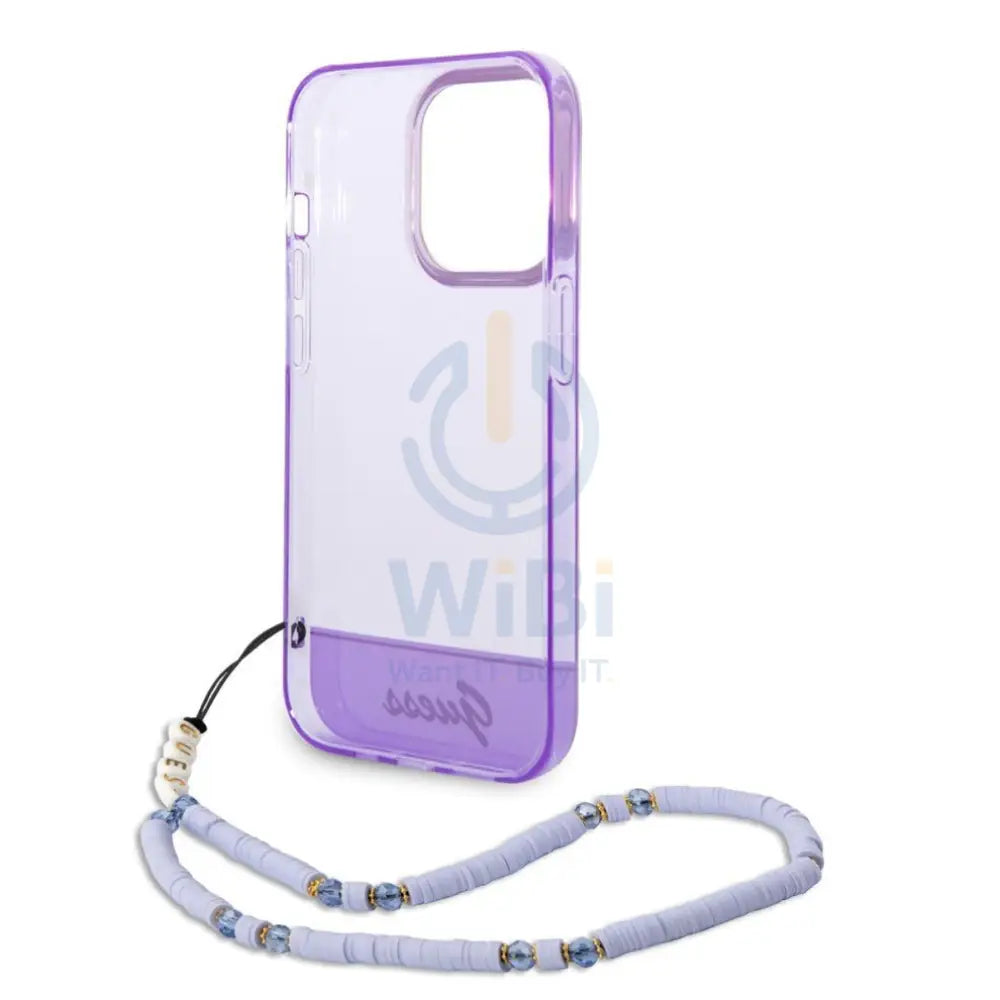 Guess Apple iPhone 14 Pro PC / TPU IML Case Double layer Electroplated Camera Outline Translucent with Strap - Purple
