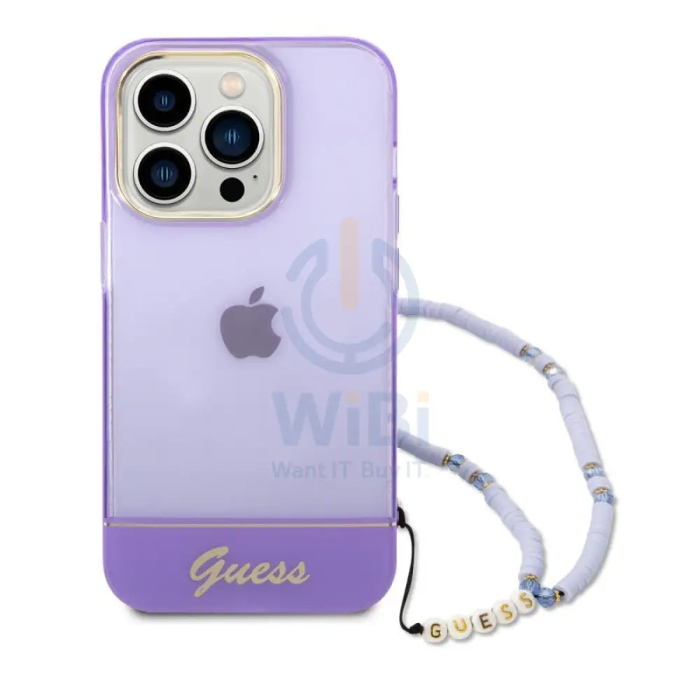 Guess Apple iPhone 14 Pro PC / TPU IML Case Double layer Electroplated Camera Outline Translucent with Strap - Purple