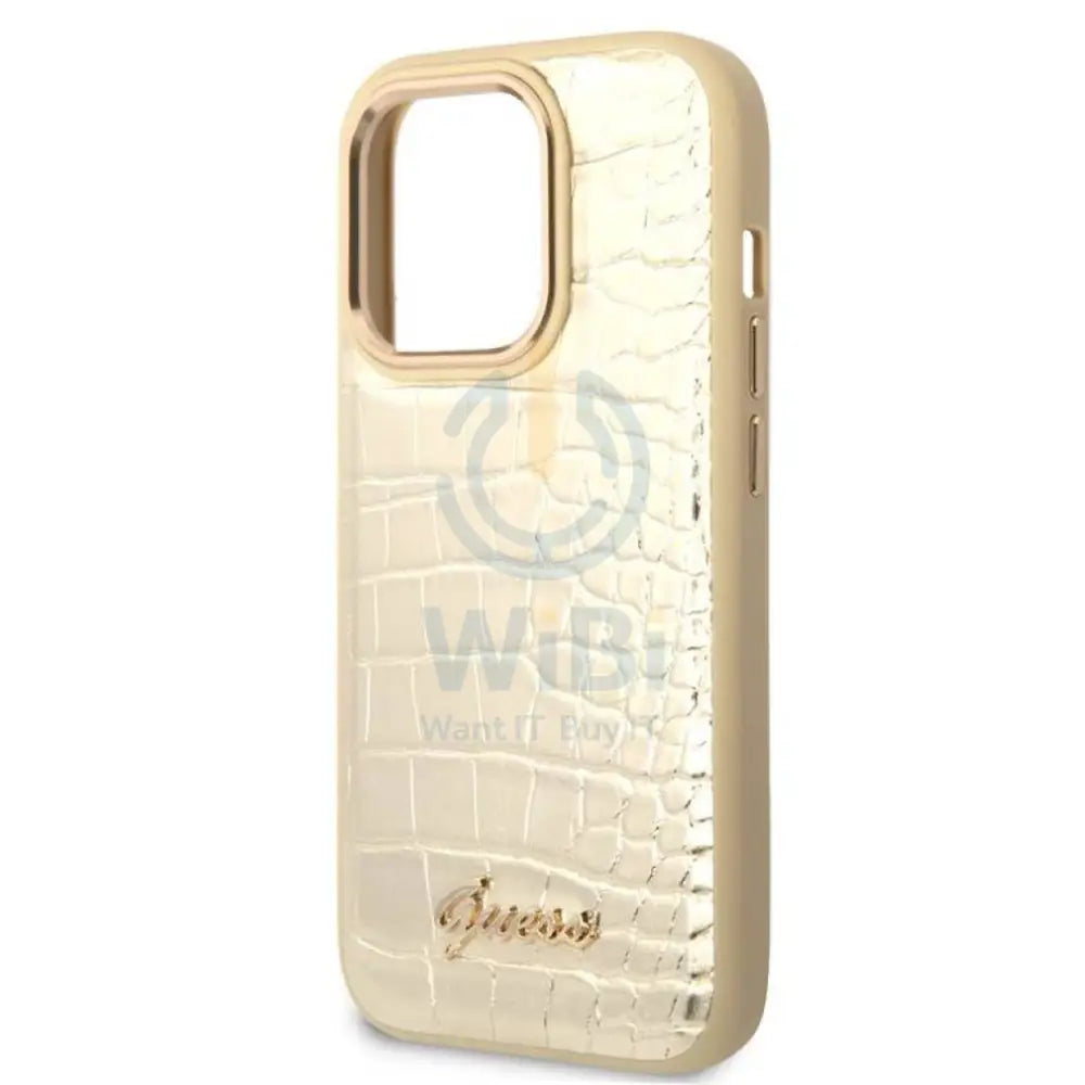 Guess Apple iPhone 14 Pro Pu Croco Case With Metal Camera Outline - Gold Accessories > Mobiles & Tablets > Mobiles