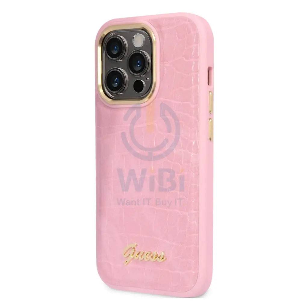 Guess Apple iPhone 14 Pro Pu Croco Case With Metal Camera Outline - Pink Accessories > Mobiles & Tablets > Mobiles