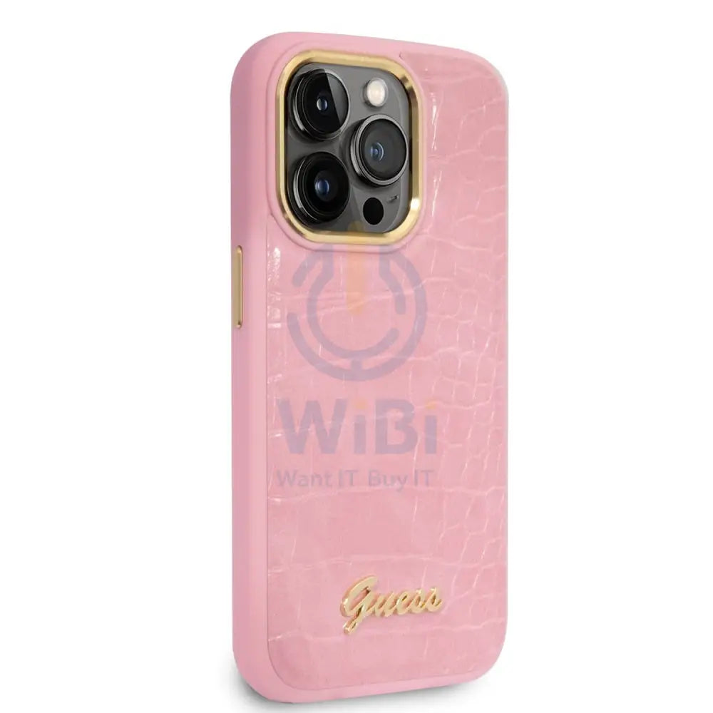 Guess Apple iPhone 14 Pro Pu Croco Case With Metal Camera Outline - Pink Accessories > Mobiles & Tablets > Mobiles