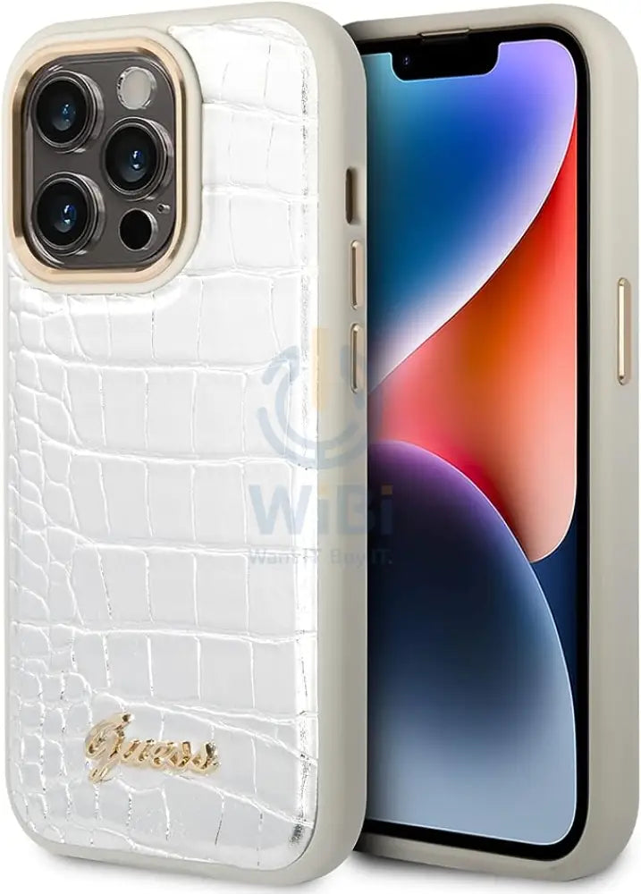 Guess Apple iPhone 14 Pro Pu Croco Case With Metal Camera Outline - Silver Accessories > Mobiles & Tablets > Mobiles