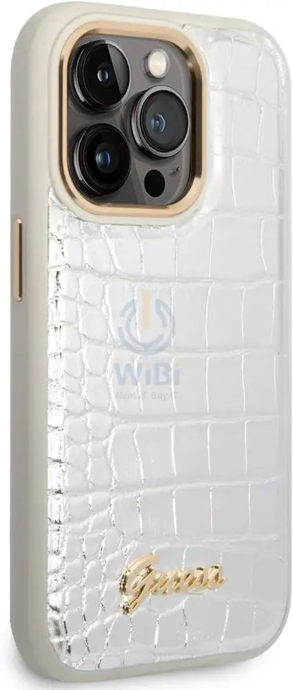 Guess Apple iPhone 14 Pro Pu Croco Case With Metal Camera Outline - Silver Accessories > Mobiles & Tablets > Mobiles