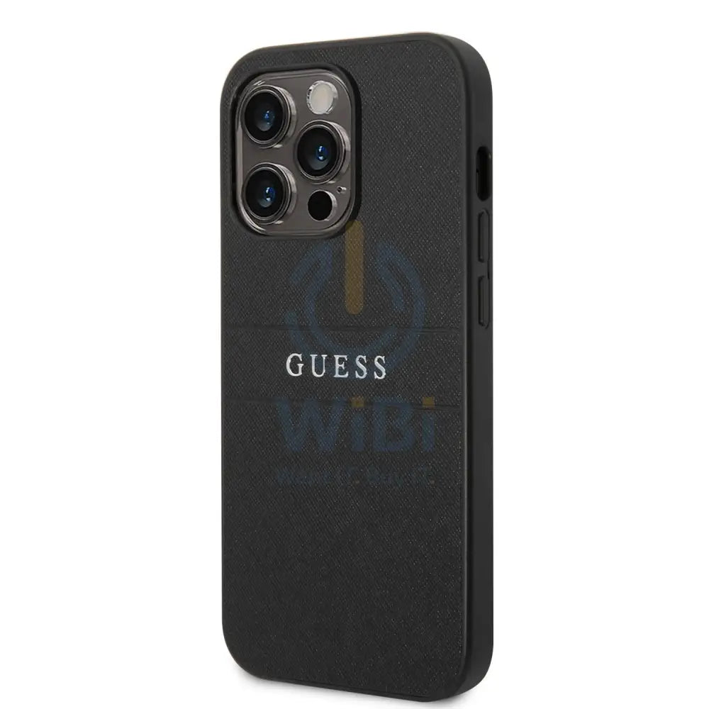 Guess Apple iPhone 14 Pro PU Leather Saffiano Case with Metal Logo & Hot Stamp Stripes - Black Accessories > Mobiles &