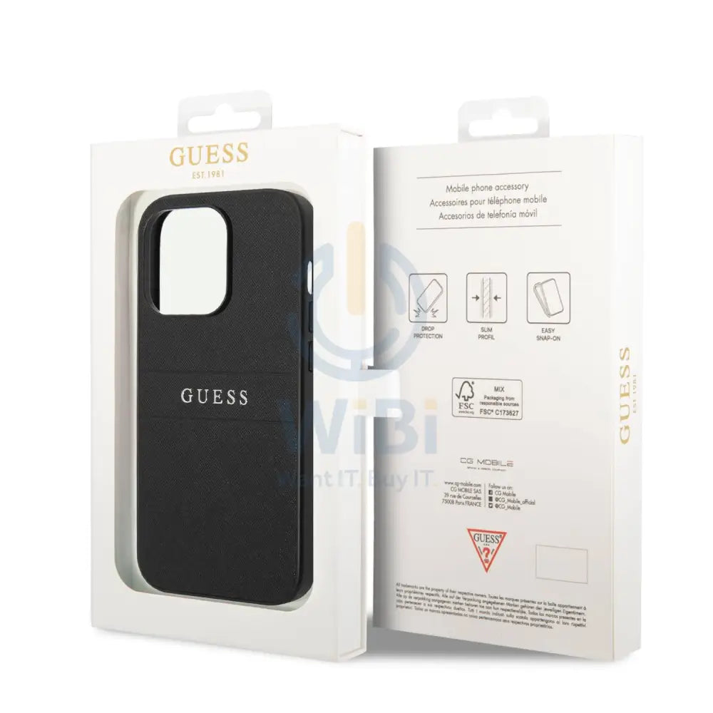 Guess Apple iPhone 14 Pro PU Leather Saffiano Case with Metal Logo & Hot Stamp Stripes - Black Accessories > Mobiles &