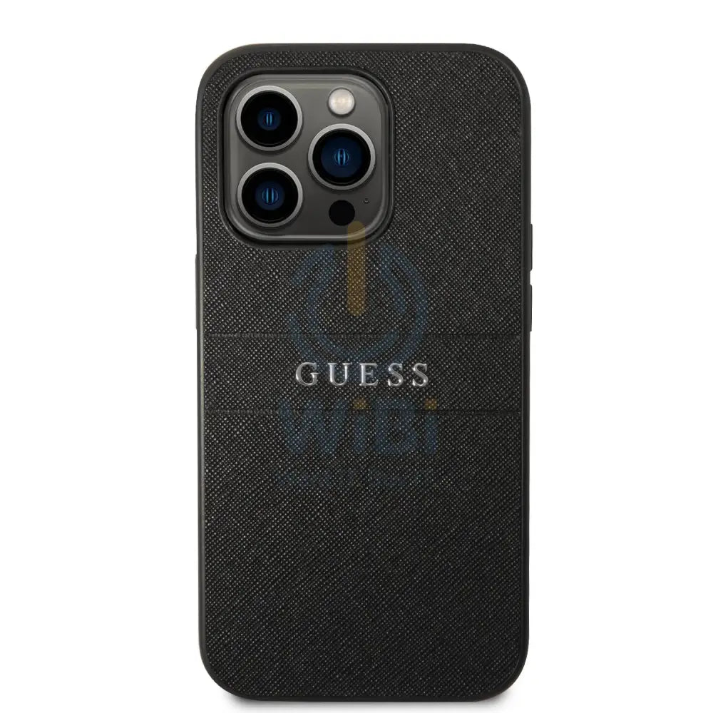 Guess Apple iPhone 14 Pro PU Leather Saffiano Case with Metal Logo & Hot Stamp Stripes - Black Accessories > Mobiles &