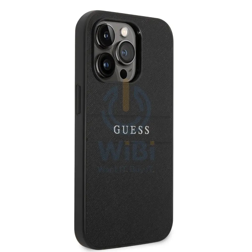 Guess Apple iPhone 14 Pro PU Leather Saffiano Case with Metal Logo & Hot Stamp Stripes - Black Accessories > Mobiles &