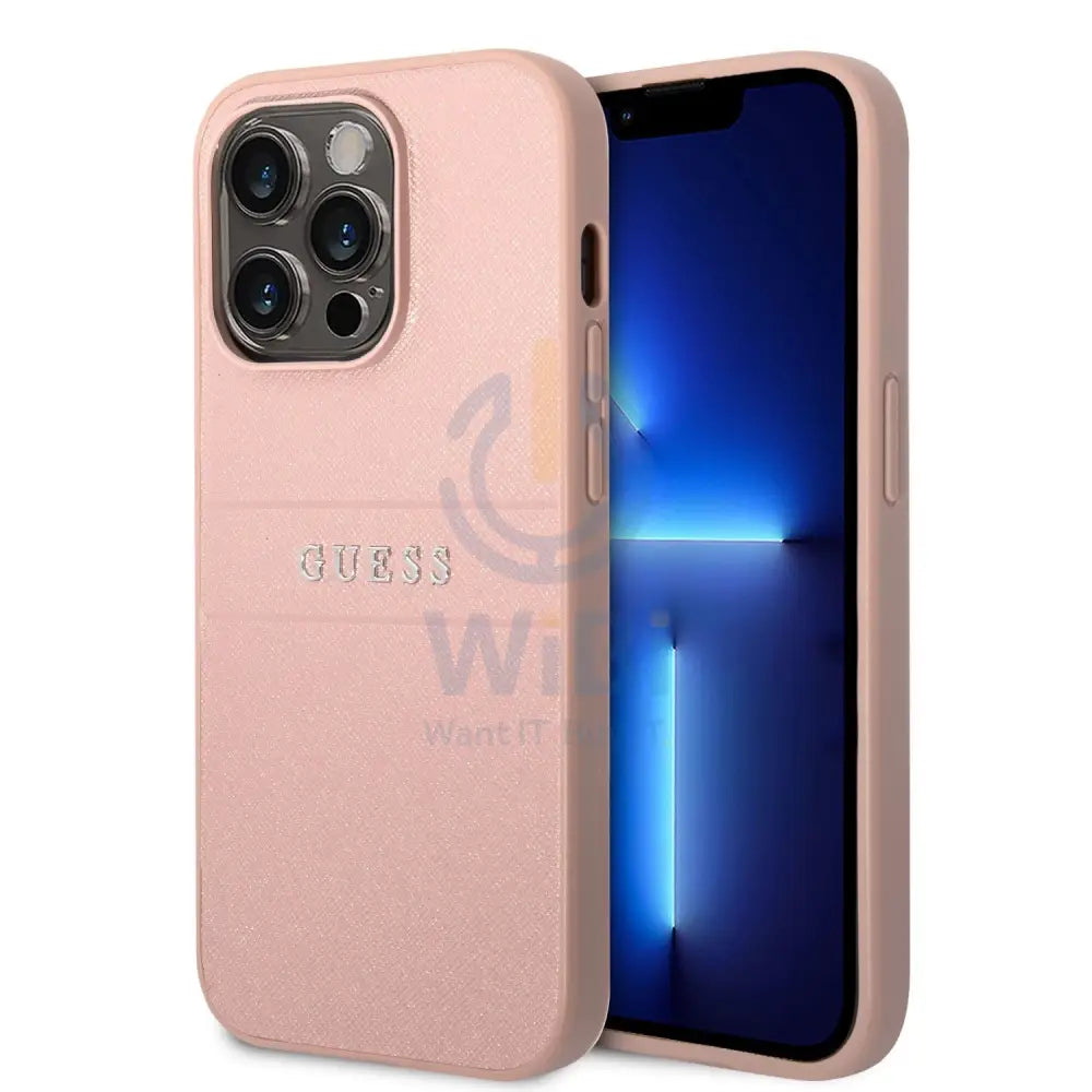 Guess Apple iPhone 14 Pro PU Leather Saffiano Case with Metal Logo & Hot Stamp Stripes - Pink Accessories > Mobiles &