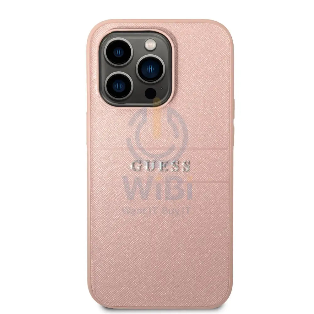 Guess Apple iPhone 14 Pro PU Leather Saffiano Case with Metal Logo & Hot Stamp Stripes - Pink Accessories > Mobiles &
