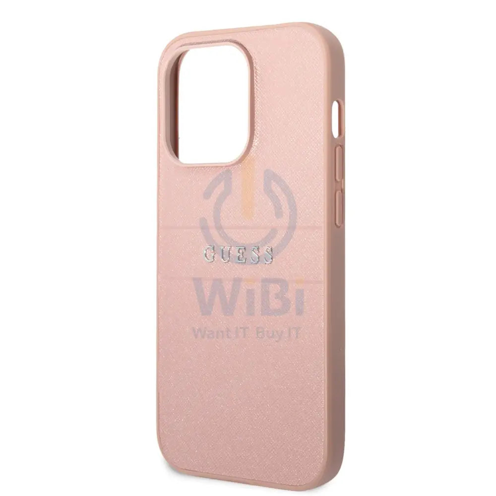 Guess Apple iPhone 14 Pro PU Leather Saffiano Case with Metal Logo & Hot Stamp Stripes - Pink Accessories > Mobiles &