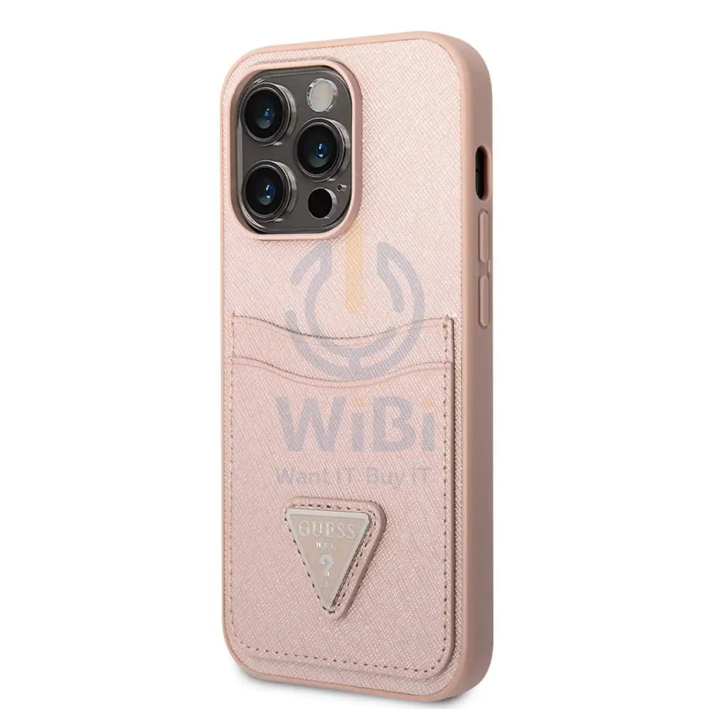 Guess iPhone 14 Pro Max PU Saffiano Case with Double Cardslot & Metal Triangle Logo - Pink Accessories > Mobiles &