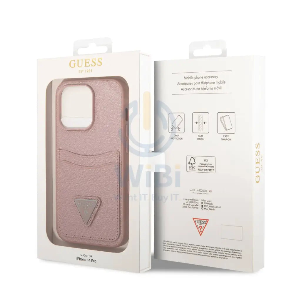 Guess iPhone 14 Pro Max PU Saffiano Case with Double Cardslot & Metal Triangle Logo - Pink Accessories > Mobiles &