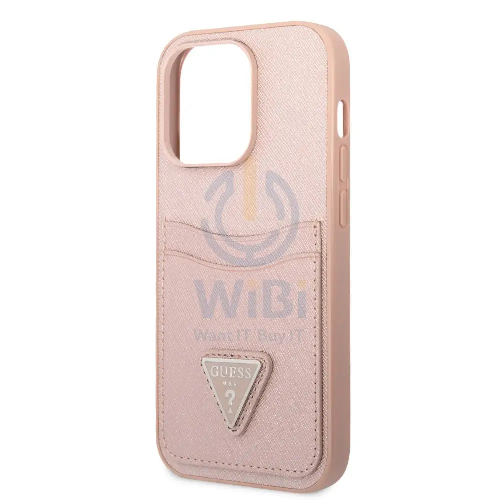 Guess iPhone 14 Pro Max PU Saffiano Case with Double Cardslot & Metal Triangle Logo - Pink Accessories > Mobiles &