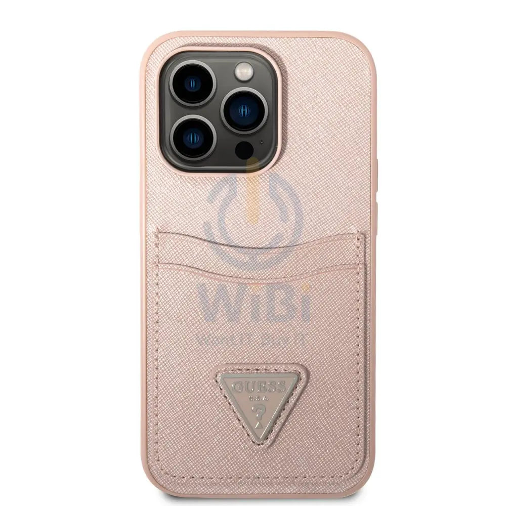 Guess iPhone 14 Pro Max PU Saffiano Case with Double Cardslot & Metal Triangle Logo - Pink Accessories > Mobiles &