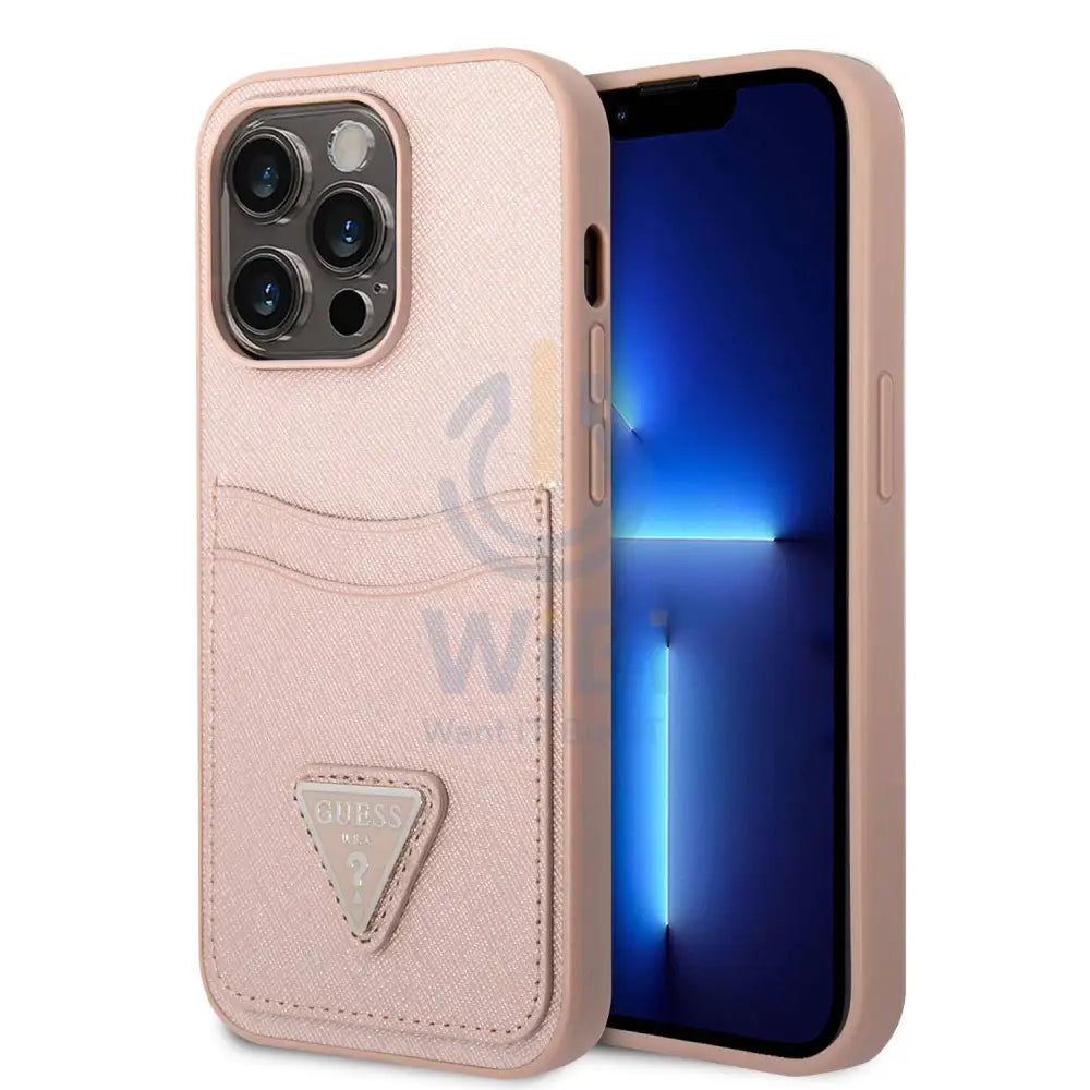 Guess iPhone 14 Pro Max PU Saffiano Case with Double Cardslot & Metal Triangle Logo - Pink Accessories > Mobiles &