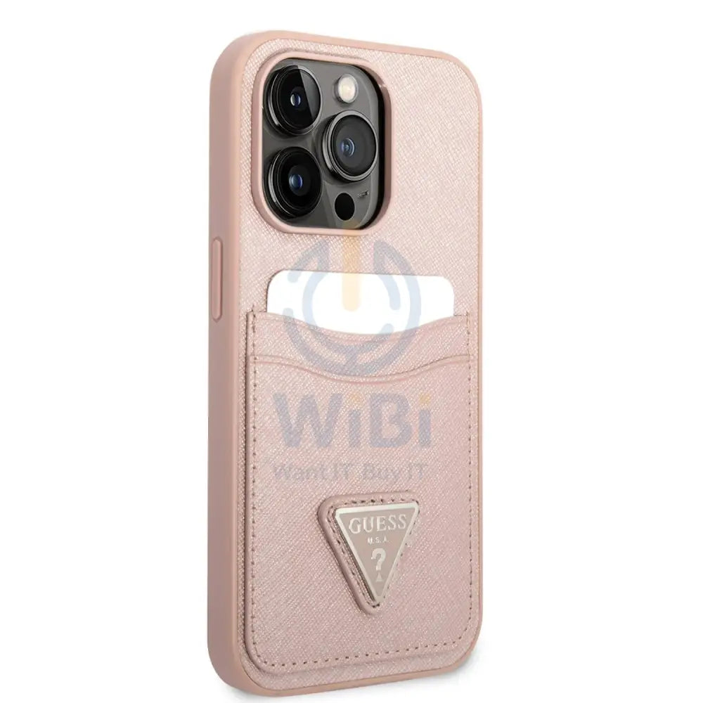 Guess iPhone 14 Pro Max PU Saffiano Case with Double Cardslot & Metal Triangle Logo - Pink Accessories > Mobiles &
