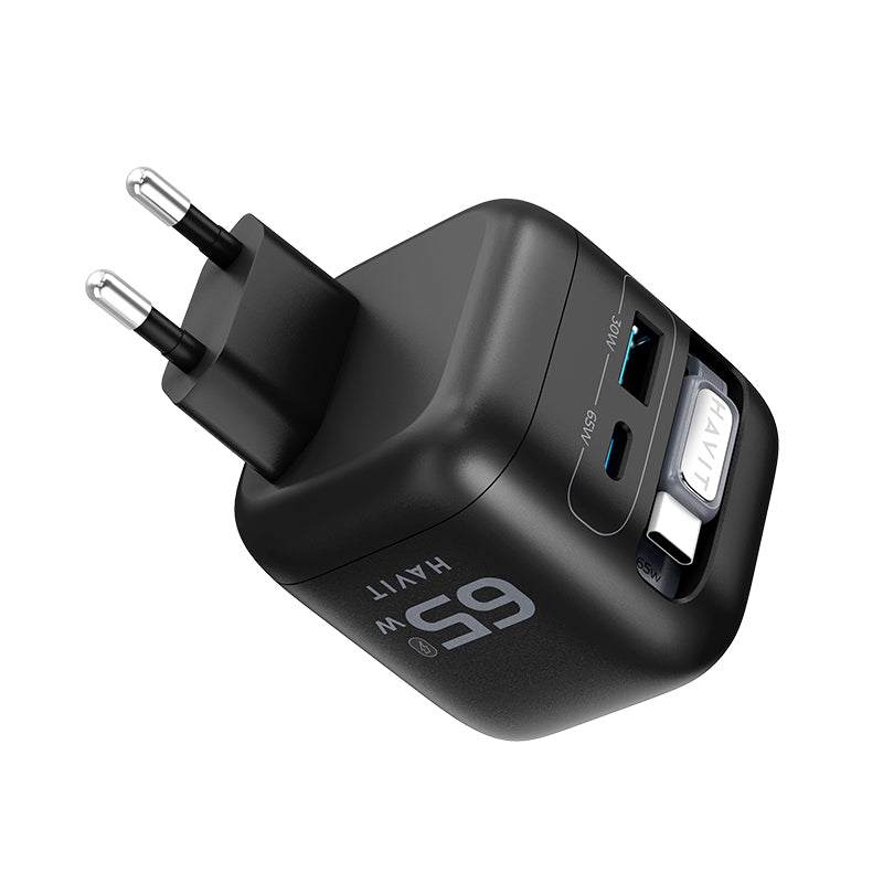 Havit UC252 A-UK Wall Charger with Built-In Cable - 65W / USB-C / USB-A / Black
