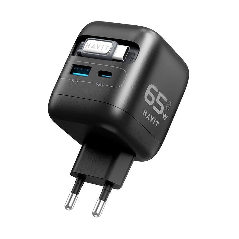 Havit UC252 A-UK Wall Charger with Built-In Cable - 65W / USB-C / USB-A / Black
